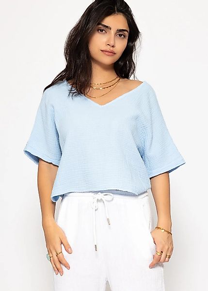 SASSYCLASSY Kurzarmshirt Musselin Shirt mit V-Ausschnitt günstig online kaufen