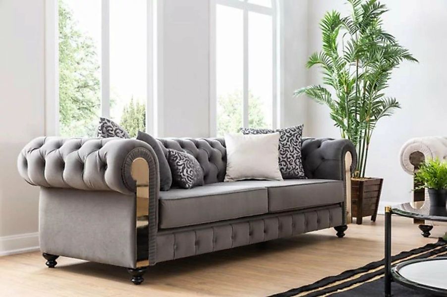 JVmoebel 3-Sitzer Luxus Wohnzimmer Sofa 3 Sitz Dreisitzer Grau Chesterfield günstig online kaufen