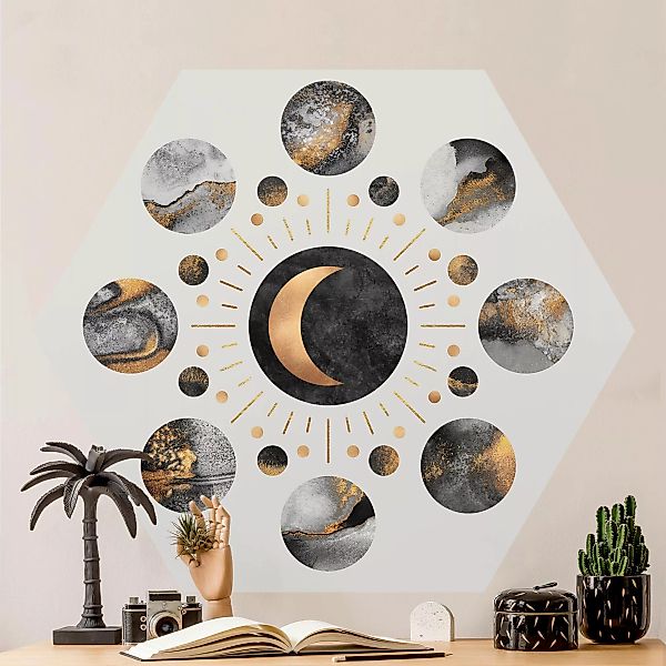 Hexagon Fototapete selbstklebend Mondphasen Abstrakt Gold günstig online kaufen