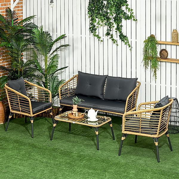 Outsunny 4 tlg Gartenmöbel-Set Rattan Sitzgarnitur mit Kissen 3 Sessel 1 Co günstig online kaufen