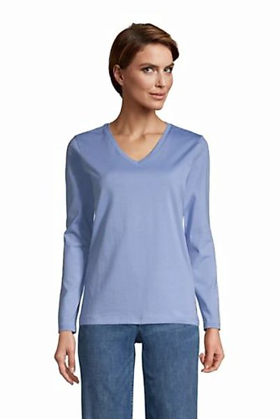 Supima Langarm-Shirt mit V-Ausschnitt, Damen, Größe: M Normal, Blau, Baumwo günstig online kaufen