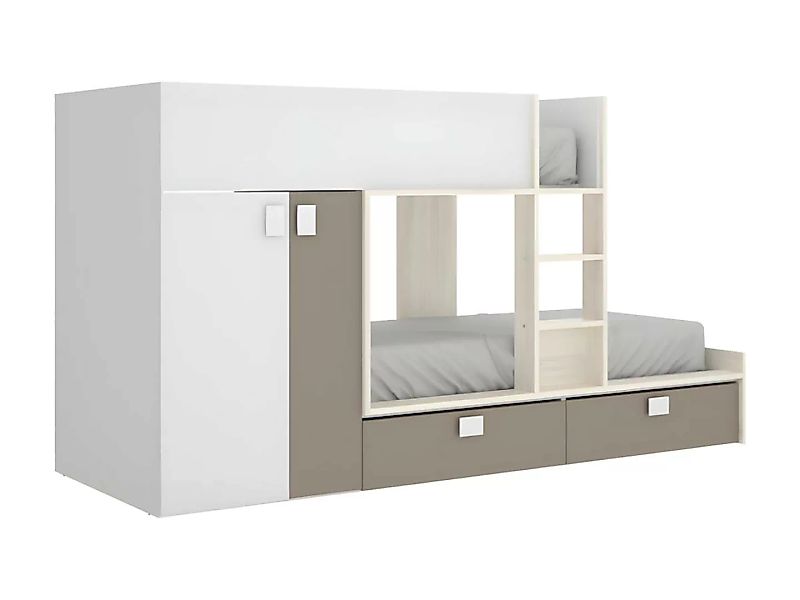 Etagenbett mit Kleiderschrank - 2x 90 x 190 cm - Weiß, Naturfarben & Taupe günstig online kaufen