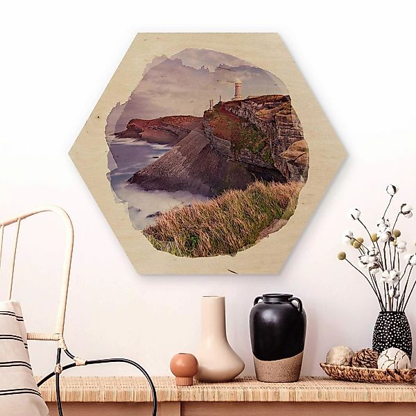 Hexagon-Holzbild Wasserfarben - Steilküste und Leuchtturm günstig online kaufen