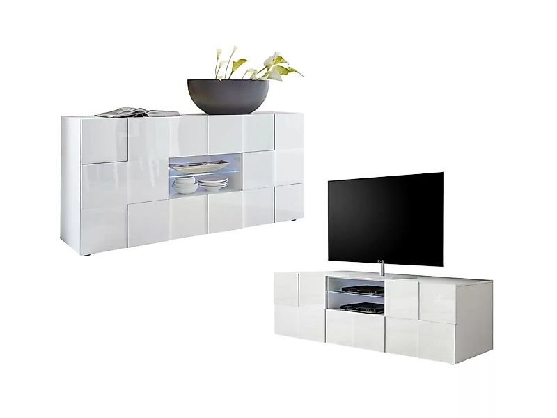 Sparset: TV-Möbel + Sideboard - Weiß lackiert - CALISTO günstig online kaufen