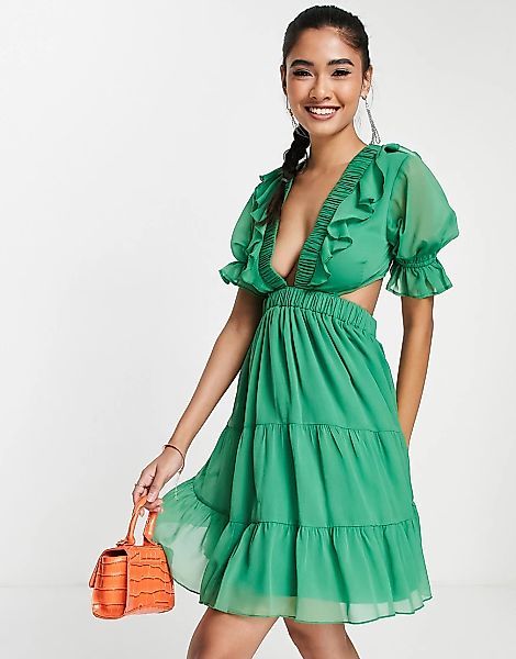 ASOS DESIGN – Mini-Freizeitkleid aus Chiffon in Grün mit gestuftem Rock und günstig online kaufen