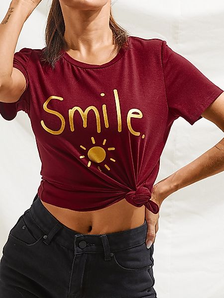 YOINS BASICS Letter & Sun Print Kurzarm-T-Shirt mit Rundhalsausschnitt günstig online kaufen