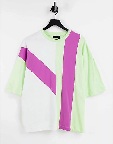 ASOS DESIGN – Oversize-T-Shirt mit Blockfarbendesign in Grün und Rosa-Mehrf günstig online kaufen