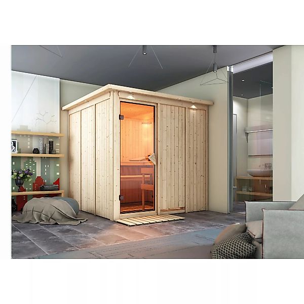 Karibu Sauna Rikka mit Ofen intergrierte Stg.LED-Dachkranz Natur günstig online kaufen
