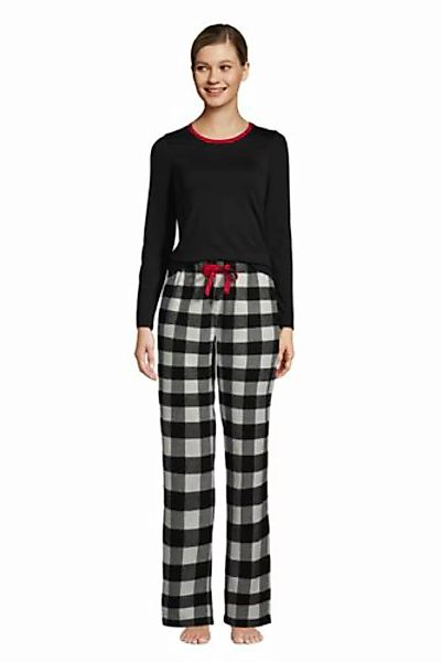 Flanell Pyjama-Set mit gemusterter Hose, Damen, Größe: 48-50 Normal, Schwar günstig online kaufen