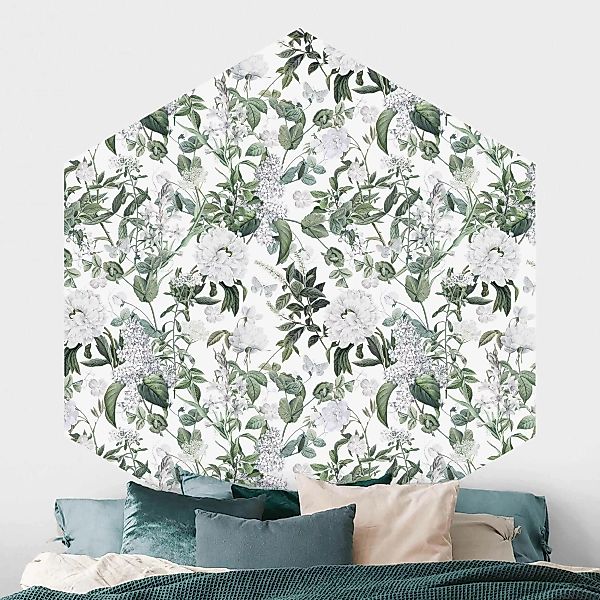 Hexagon Fototapete selbstklebend Weiße Blüten und Schmetterlinge günstig online kaufen