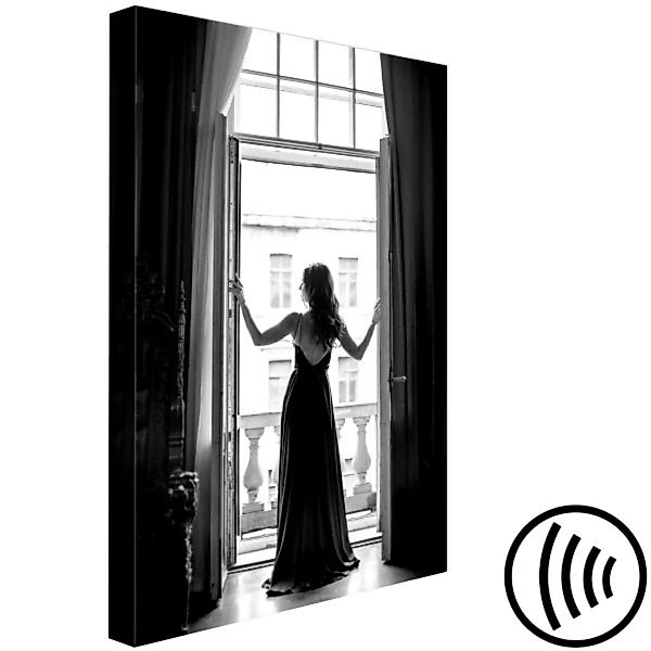 Bild auf Leinwand Frau im Fenster - Schwarzweiß-Foto mit einer Frauen-Silho günstig online kaufen