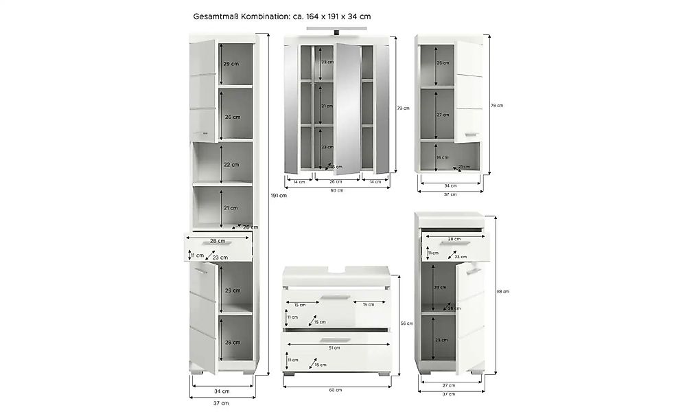 Badmöbel-Set 5 teilig  Schloonsee ¦ weiß ¦ Maße (cm): B: 164 H: 191 Schränk günstig online kaufen