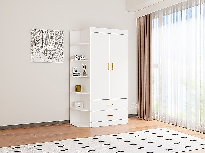 Kleiderschrank - 2 Türen, 2 Schubladen, 6 Regale - L100 cm - Weiß & Gold - günstig online kaufen