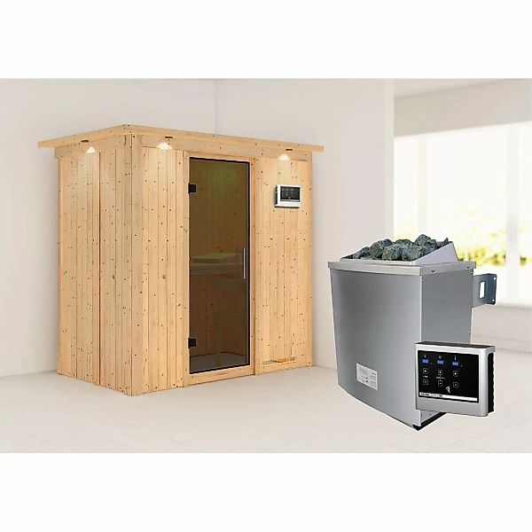 Karibu Sauna Vera + Ofen ext. Strg. Easy, Holz-Glastür, Dachkranz günstig online kaufen