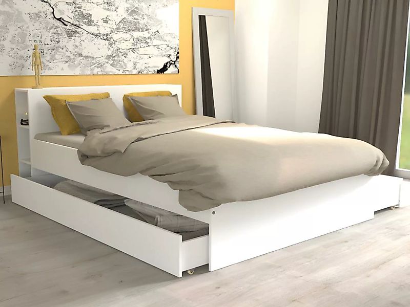 Bett mit Kopfteil, Stauraum und Schubladen - 140 x 190 cm - Weiß + Lattenro günstig online kaufen