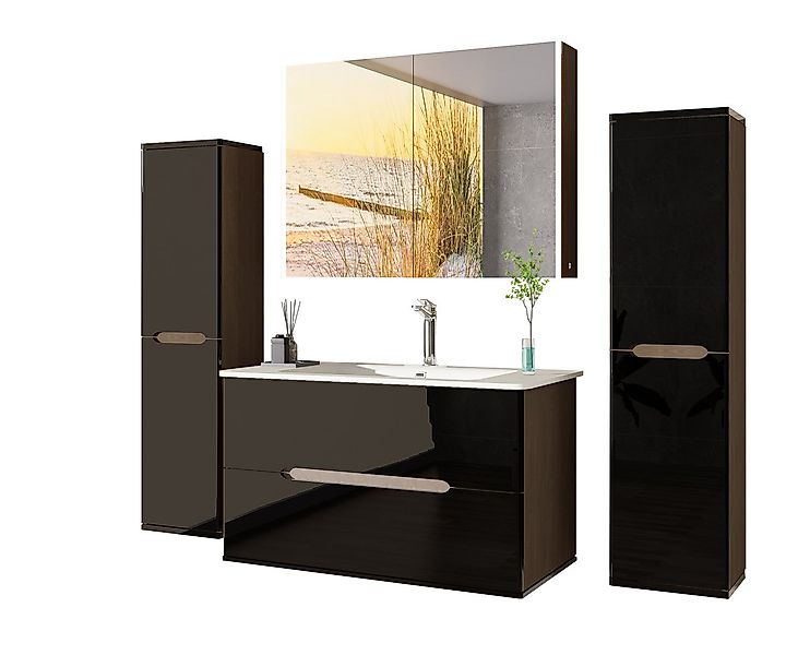 Homeline Badmöbel-Set Bad Möbelset Badezimmer Möbel Hochglanz 90 Eiche Weiß günstig online kaufen