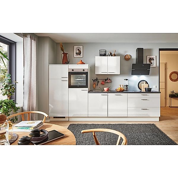 pino Küchenzeile 320 cm Weiß Hochglanz Anschlag,inks 2 Geräteschränke günstig online kaufen