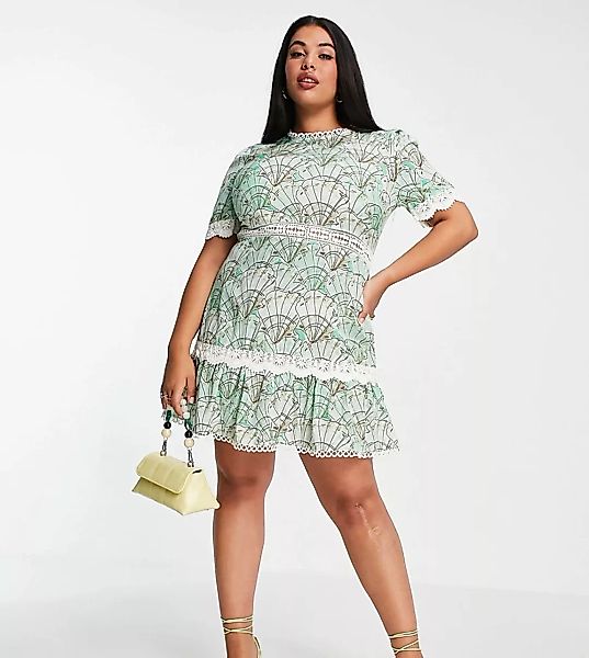 Never Fully Dressed Plus – Minikleid mit kontrastierendem Spitzenbesatz in günstig online kaufen