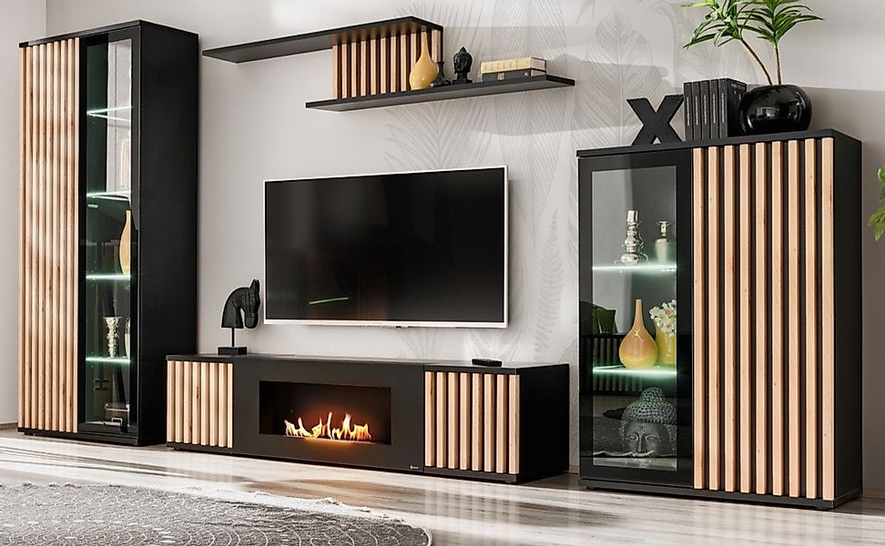 Furn.Design Wohnwand Morgan, (in schwarz matt mit Eiche Lamellen, 4-St., in günstig online kaufen