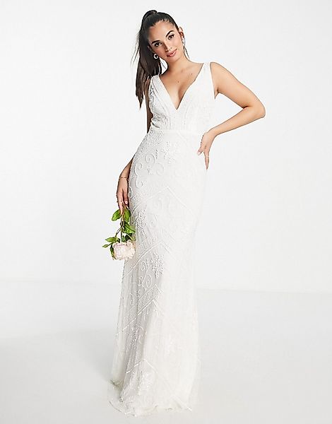 Frock and Frill – Weißes Maxi-Hochzeitskleid mit Verzierungen günstig online kaufen