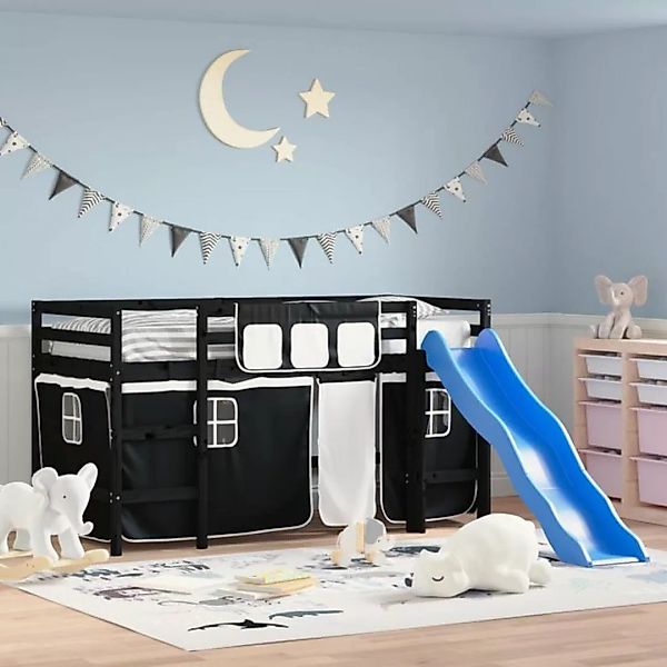 vidaXL Kinderbett Kinderhochbett mit Vorhängen Weiß Schwarz 90x190 cm Kiefe günstig online kaufen