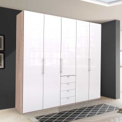 Eleganter Kleiderschrank 3 türig mit vier Schubladen glasbeschichtet günstig online kaufen