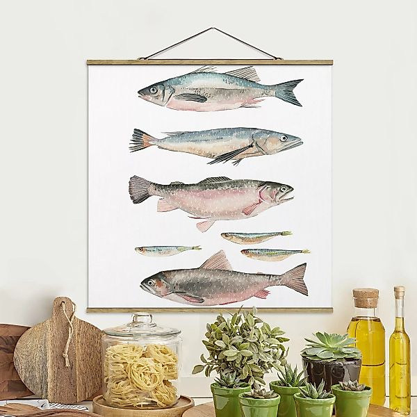 Stoffbild Tiere mit Posterleisten - Quadrat Sieben Fische in Aquarell I günstig online kaufen