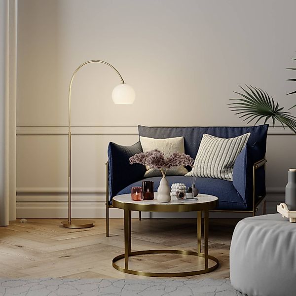 Lindby Bogenlampe Cynthia, messingfarben, Glas, 140 cm, E27 günstig online kaufen