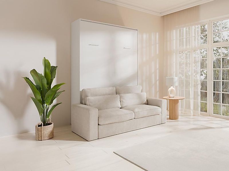 Schrankbett - 140 x 200 cm - Weiß - Vertikale manuelle Öffnung - Mit Sofa - günstig online kaufen
