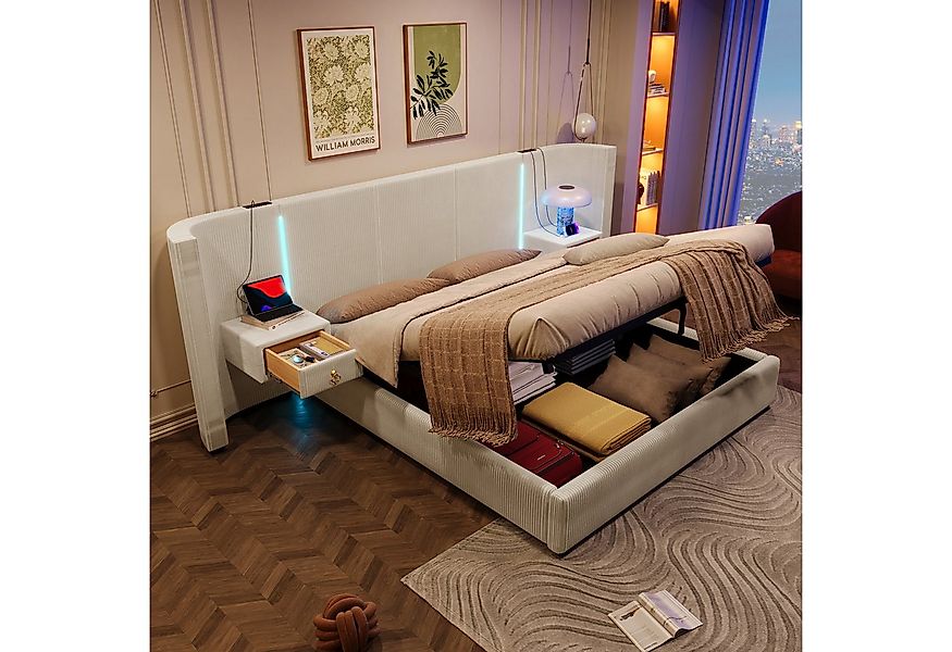 Flieks Polsterbett, Hydraulisches Stauraumbett 180x200cm mit Led, 2 Nachtti günstig online kaufen