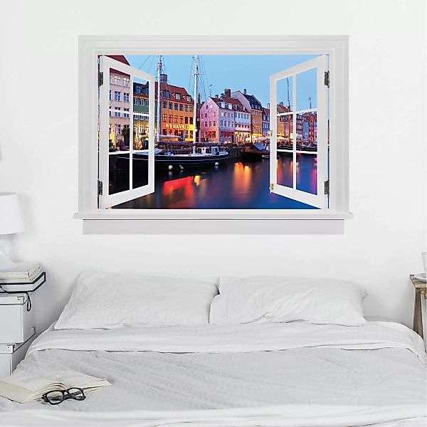 3D Wandtattoo Offenes Fenster Kopenhagener Hafen am Abend günstig online kaufen