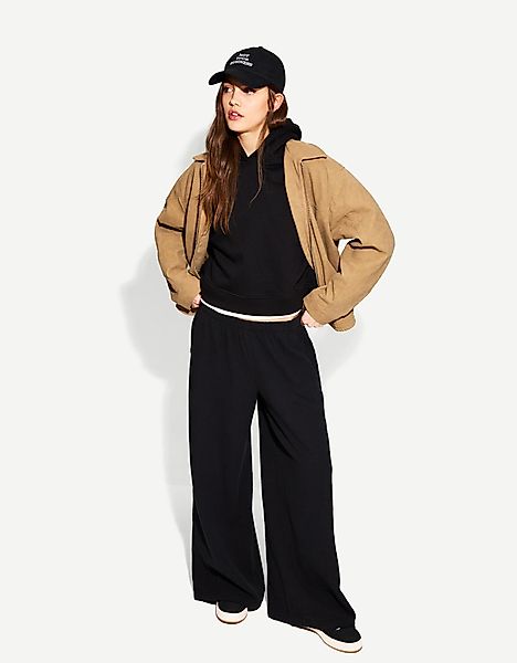 Bershka Rustikale Wide-Leg-Hose Damen L Schwarz günstig online kaufen