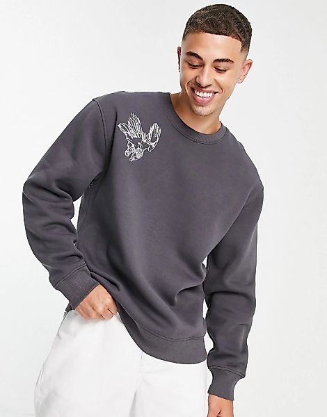 Topman – Sweatshirt in Grau mit gestickter Adler-Skizze günstig online kaufen