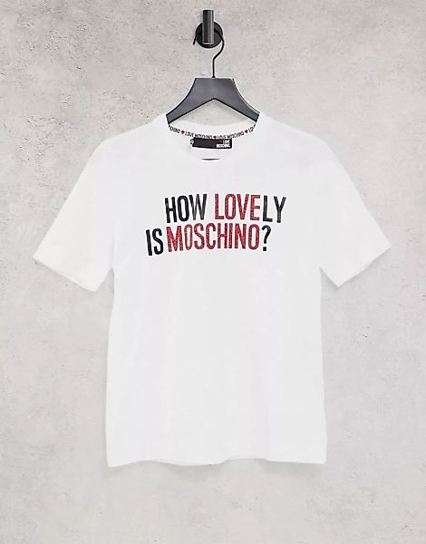 Love Moschino – T-Shirt mit „How Lovely is Moschino“-Logo in Weiß günstig online kaufen