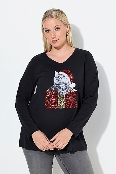Ulla Popken Longsleeve Shirt Katze Pailletten A-Linie V-Ausschnitt günstig online kaufen