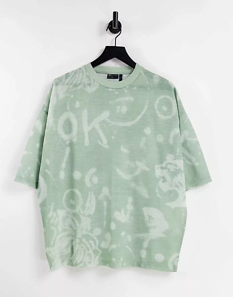 ASOS DESIGN – Oversize-T-Shirt in Grün mit durchgehendem Kritzel-Druck günstig online kaufen