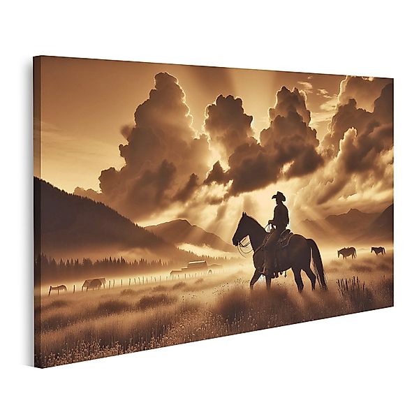 islandburner Leinwandbild Cowboy Pferd bei Sonnenaufgang günstig online kaufen