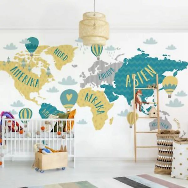 Bilderwelten Kindertapete Weltkarte mit Heißluftballon petrol Gr. 288 x 190 günstig online kaufen