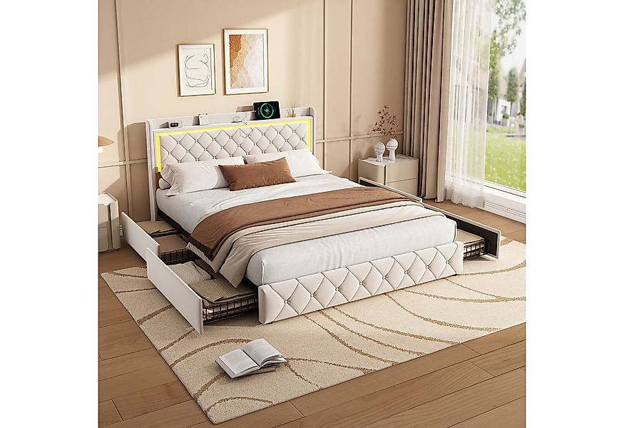 Gdood Polsterbett LED Doppelbett 140x200cm, Stauraumbett mit Kopfteil und 4 günstig online kaufen