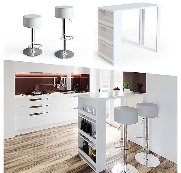 Vicco Bartisch, Weiß, 117 x 57 cm mit 2 Barhockern günstig online kaufen