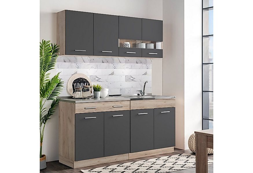Homestyle4u Küchenzeile 160 cm ohne Geräte klein Einbauküche Grau matt Eich günstig online kaufen
