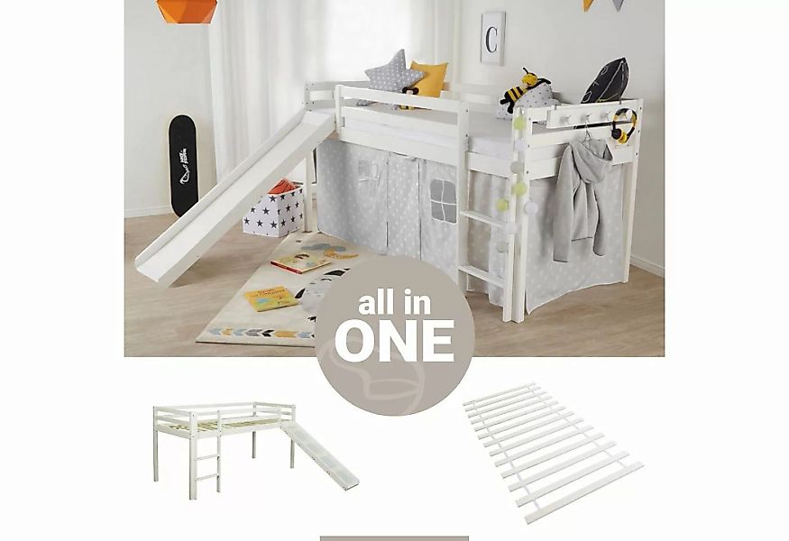 Homestyle4u Hochbett Kinderbett 90x200 Weiß oder Grau Kiefer mit Vorhang Sp günstig online kaufen