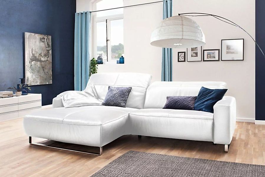 KAWOLA Sofa YORK Leder Life-line white Rec links Fuß Metall Chrom matt günstig online kaufen