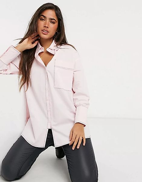 Lost Ink – Oversize-Longline-Hemd mit Kontrastnaht-Rosa günstig online kaufen