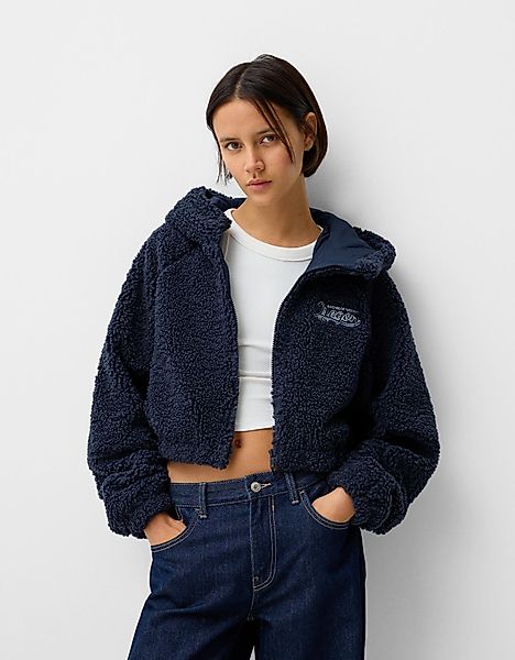 Bershka Jacke Aus Lammfellimitat Mit Kapuze Und Stickerei Damen L Marinenbl günstig online kaufen