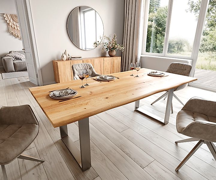 Esstisch Edge 200x100x2,5 Eiche Natur Edelstahl schmal Live-Edge günstig online kaufen