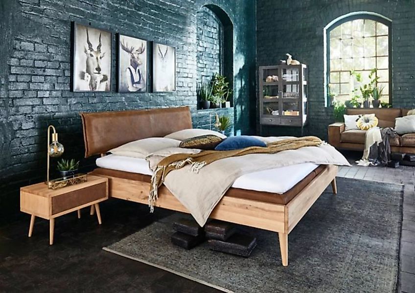 Natur24 Einzelbett Bett Morso 140x200 Wildeiche Bianco Lederkopfteil Braun günstig online kaufen