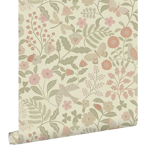 ESTAhome Tapete Blumen und Vögel Grün und Rosa 53 cm x 10.05 m günstig online kaufen
