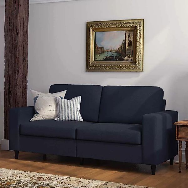 Dreisitzer Couch Stoff in Blau Vierfußgestell aus Holz günstig online kaufen