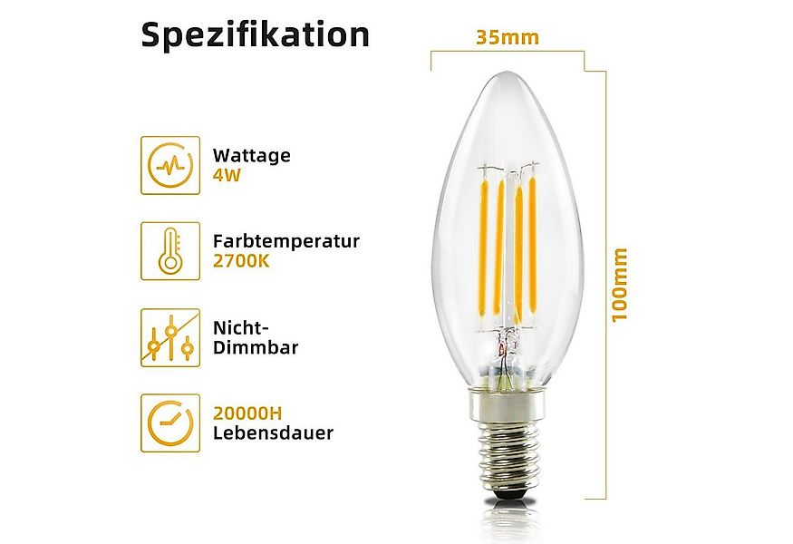 ZMH LED-Leuchtmittel E14 Glühbirne Warmweiß Lampe kerze 4W 2700K Filament R günstig online kaufen